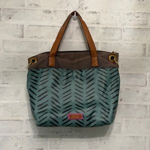 Fossil handbag tote patterned teal with brown leather handles